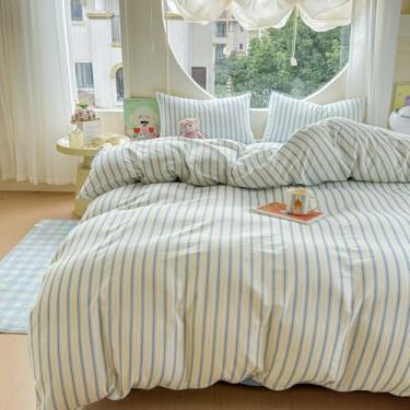 Imagem de BlueBlue Conjunto de capa de edredom infantil, conjunto de cama 100% algodão, estampa de desenho animado, 1 capa de edredom e 2 fronhas (listras coreanas, casal/queen (222 x 233 cm)