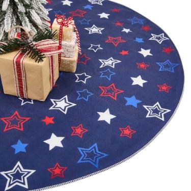 Imagem de CREATCABIN Saia de árvore de Natal de 76 cm curta de pelúcia azul para árvore de Natal, ornamento, pequena estrela redonda, tapete de Natal, presente para casa, Natal, festa, inverno, decoração