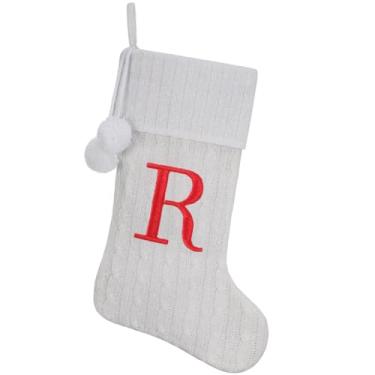Imagem de Pxniy Meia de Natal personalizada de 48 cm - malha branca com monograma bordado e pompons, cabide de lareira familiar para decoração de férias, letra R branca