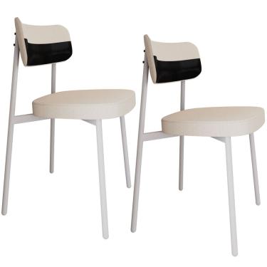 Imagem de Kit 02 Cadeiras Estofada Para Sala de Jantar Astrid Branco C01 Linho Palha Courino Preto - Lyam Decor