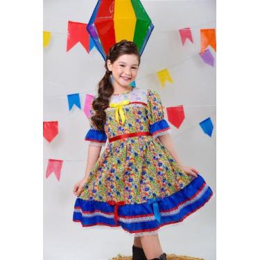 Imagem de Fantasia Infantil Junina Verde e Azul com Estampa de Florzinhas para F