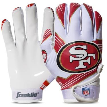 Imagem de Franklin Sports San Francisco 49ers Luvas receptoras de futebol americano juvenil NFL – luvas receptoras para crianças – logotipos do time NFL e palma de silicone – Par juvenil M/G