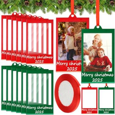 Imagem de Vercraft 24 molduras de acrílico de Natal 2025, moldura para fotos de 5 x 7 cm com fita de cetim vermelha, moldura dupla face em branco, enfeites de pendurar para árvore de Natal (vermelho, verde)