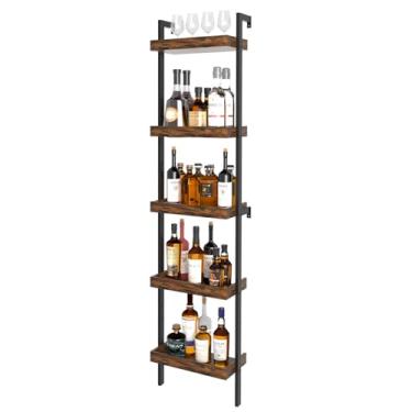 Imagem de Rack de vinho independente de 5 andares, prateleira de exibição de garrafa de licor de 180 cm de altura com cercas, armazenamento para uísque, coqueteleiras e canecas, suporte de vinho com âncora de