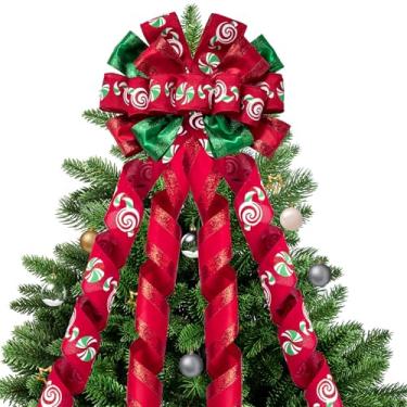Imagem de WRAPAHOLIC Arco grande de enfeite de árvore de Natal – 33 x 132 cm bengala doce e verde vermelho com glitter para árvore de Natal, laço de fita com borda com fio para decoração interna e externa