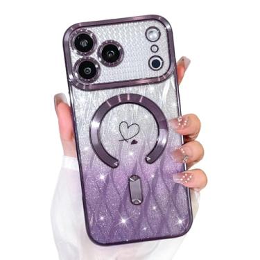 Imagem de Bonoma Capa com glitter para iPhone 17 Pro [compatível com MagSafe], capa brilhante com estampa de folhas magnéticas de coração de amor, proteção para câmera, capa traseira macia e brilhante para