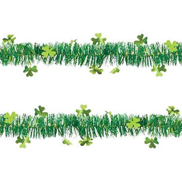 Imagem de Conjunto de capas de mesa de guirlanda e guirlanda de cerveja para festas de dia de São Patrício, decorações de cerveja e artigos de festa de futebol (conjunto com 2), Green Shamrock Tinsel Garland
