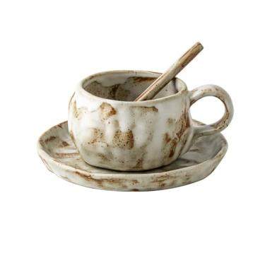 Imagem de hezhuhe2258 Caneca de café artesanal de cerâmica áspera caneca de café casa chá da tarde caneca de cerâmica latte xícara de café pires conjunto de colher armazenamento