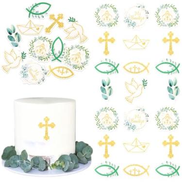 Imagem de 60 Pack Edible God Bless Religious Cupcake Toppers Faith Cake Toppers Rice Paper Wafer Paper Cupcake Picks for First Holy Communion Baptism Baby Shower Kids Birthday Cake Decorations Style 4