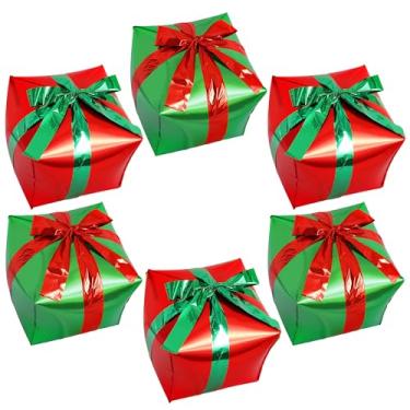 Imagem de Vuzvuv Balões de caixa de presente de cubo verde vermelho de 61 cm, caixa de presente grande, balões de folha de Mylar para decoração de Natal, suprimentos de festa de Natal (6 peças)