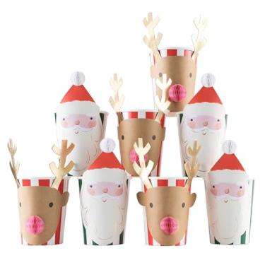 Imagem de Meri Meri Copos de festa de Natal 3D (pacote com 8), copos de Natal de papel descartáveis, 255 g, tamanho para crianças e adultos, ideal para bebidas quentes ou frias de festa