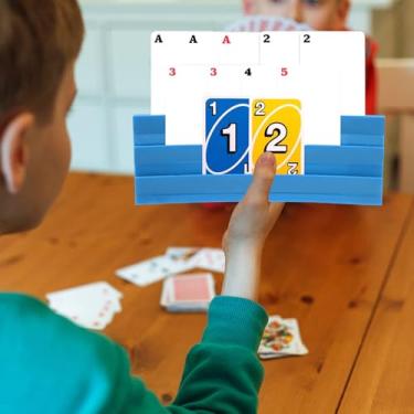 Imagem de Pacote com 4 porta-cartões para baralhos, porta-cartões Uno, porta-cartões de grande capacidade, bandeja de cartão de jogo de armazenamento portátil, suporte de cartas para crianças (azul)