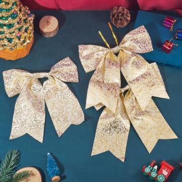 Imagem de 3 peças de laço de poliamida de Natal com glitter 24 x 24 cm, enfeites de Natal, laço grande, festa, jardim, decoração de árvore de Natal, decorações para pendurar na lareira de ano novo (ouro claro)