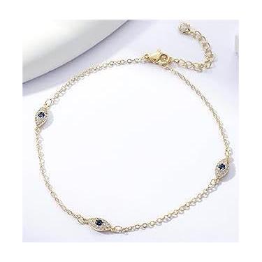 Imagem de Tornozeleira banhada a ouro com strass olho turco para mulheres, delicada corrente de elos ajustáveis, presente de joias para festivais de verão., Medium, Latão, Sem Pedra Preciosa