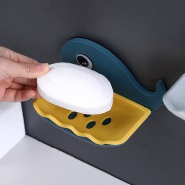 Imagem de Saboneteira não perfurada em forma de baleia, caixa de sabão de ralo de banheiro, rack de armazenamento montado na parede, mantenha as barras de sabão limpas a seco, amarelo com azul