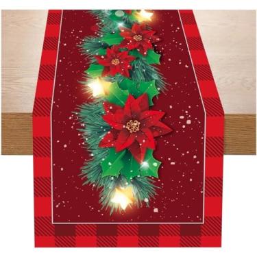 Imagem de Aquarela Poinsétia Caminho de mesa de Natal vermelho, videira de Natal com padrão de estrela dourada toalha de mesa de jantar sazonal de inverno Natal férias cozinha decoração de mesa de jantar para