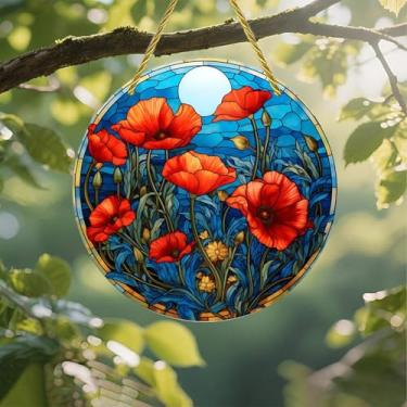 Imagem de Acrílico colorido Suncatcher, papoulas luar vitral 18 cm janela suspensa decoração de parede com design de estilo vitral impresso, ideia de presente e ornamento de jardim uso interno e externo