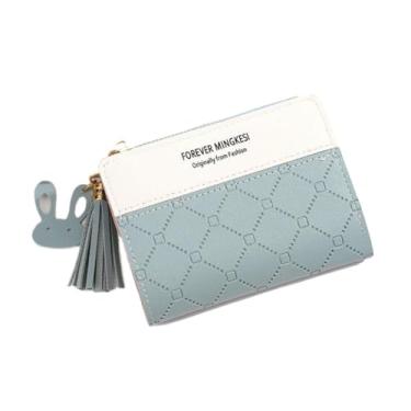 Imagem de Carteira de couro para mulheres, porta-cartões dobrável com zíper, bolso para moedas, multicartão, borla feminina, Azul, Lsa100070lan