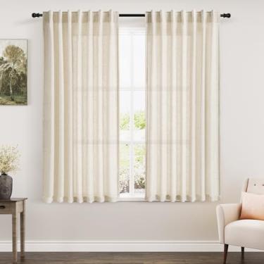 Imagem de Cortinas de linho bege quente 153 cm de comprimento, conjuntos de 2 painéis para sala de estar, quarto, varão bolso traseiro, filtro de luz, drapeado para janela de cozinha, cortina de privacidade
