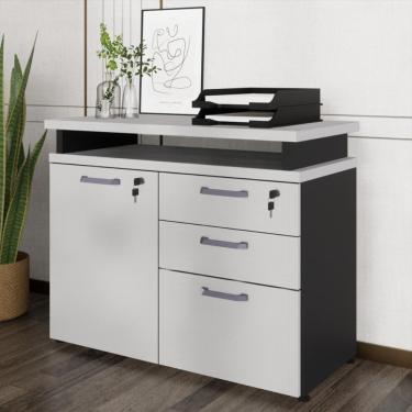 Imagem de Balcão De Escritório Extensível 90cm 1 Porta Com Chave 3 Gavetas Multimóveis Cr25299 Cinza Preto