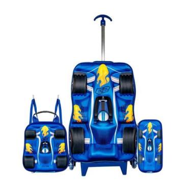 Imagem de Kit Mochila de Rodinhas Carros 3D Infantil Escolar Corrida - Yins, Azu