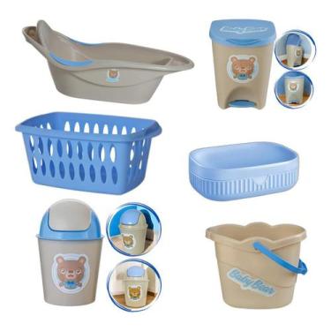 Imagem de Kit Banho Baby Bebê Infantil Menino Banheira Saboneteira Cesto Lixeira
