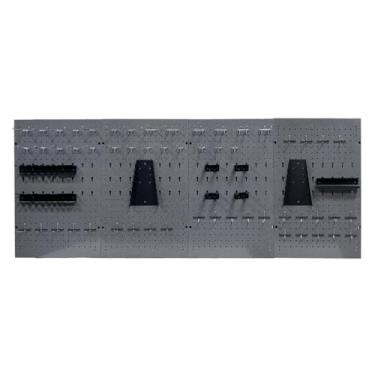 Imagem de JZD 115 peças de metal Pegboard organizador de parede, 4 pacotes, kit de placa de metal 166 x 61 polegadas, kit organizador de ferramentas com ganchos de acessórios para garagem, armazenamento de