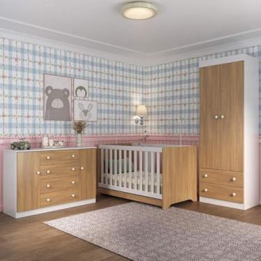 Imagem de Quarto de Bebê Completo com Berço Americano 3 em 1 Encanto Multimóveis Mp4593 Branco/madeirado