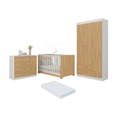 Imagem de Quarto de Bebê Completo Berço Americano 3 em 1 Colchão Encanto Multimóveis Mp4605 Branco/madeirado