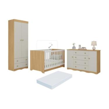 Imagem de Quarto de Bebê Completo Berço Americano 3x1 Colchão Realeza Multimóveis Mp4611 Madeirado/off White