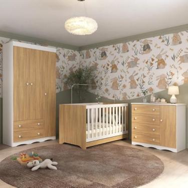 Imagem de Quarto de Bebê Completo com Berço Americano 3 em 1 Realeza Multimóveis Mp4591 Branco/madeirado