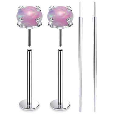 Imagem de Ruifan ASTM F136 titânio bochecha piercing barra joias sem rosca push in flat back língua anéis rosa opala sólida titânio labret piercing corporal joias para mulheres homens 14G 14 mm