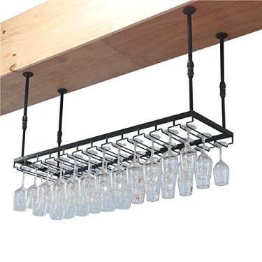 Imagem de Prateleira de vinho suspensa no teto e suporte de vidro, suporte de vinho de cozinha ajustável, prateleira de armazenamento sob o armário, suporte de copos de vinho preto de cabeça para baixo (tamanho