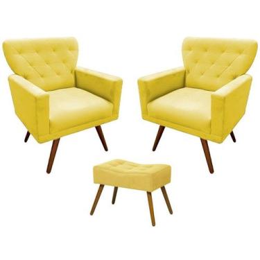 Imagem de Kit 2 Poltronas Decorativa Aurora + 1 Puff Retangular Suede Amarelo Pé