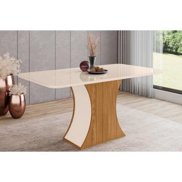 Imagem de Mesa para Cozinha Luiza SC15 + Tampo Madeirado Vidro Curvo 160x90cm Nature/Off White -...