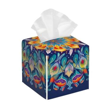 Imagem de Porta-lenços de couro quadrado impermeável étnico asteca psicodélico facial organizador de papel com cinto inferior cubo estojo de lenços para mesa, banheiro, escritório, mesa, carro, decorativo