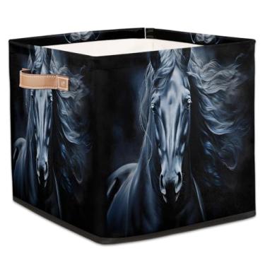 Imagem de hongjinglin Cestas dobráveis de armazenamento de cubo animal cavalo preto retrô caixas dobráveis brinquedo infantil com alças organizador de armazenamento de tecido cesto para berçário, sala de estar