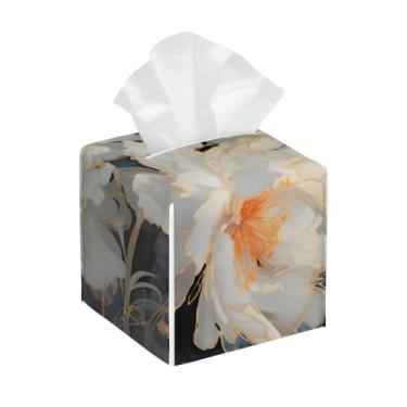 Imagem de Capa quadrada de couro para caixa de lenços de papel, à prova d'água, flor branca, retrô, organizador de papel facial com cinto inferior, estojo de lenços para mesa, banheiro, escritório, mesa, carro