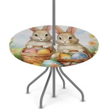 Imagem de hongjinglin Toalha de mesa de Páscoa para uso ao ar livre com orifício para guarda-chuva, toalha de mesa redonda elástica com zíper, impermeável, limpável, para piquenique, festa, pátio, serve para