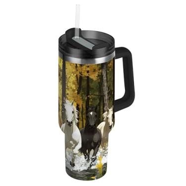 Imagem de SEHANY Copo Majestic Horse de 850 g com tampa e canudo, aço inoxidável de vácuo duplo isolado garrafa de água esportiva suporte de copo de café de viagem à prova de vazamento para bebida gelada