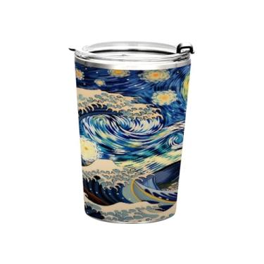 Imagem de Blueangle Copo de 340 g com tampa e canudo, copo térmico de aço inoxidável com isolamento a vácuo, caneca térmica de viagem noturna estrelada para bebidas quentes e frias (120)