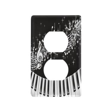 Imagem de Blueangle Placa de parede com notas musicais de piano, tomadas duplas, tamanho padrão, placas de cobertura de tomada elétrica de 1 gangue para decoração de quarto de escritório em casa, 4,53 x 2,76