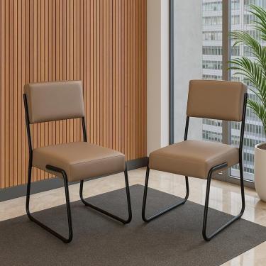 Imagem de Kit 2 Cadeiras Decorativa Sala De Estar Cozinha Jantar Flórida Couro Sintético Bege Tubo Preto