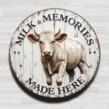 Imagem de Placa de madeira de vaca de fazenda decoração de parede vintage rústico alumínio metal placa de parede redonda, sem relógio real, presentes internos e externos de 20 cm e decoração para casa