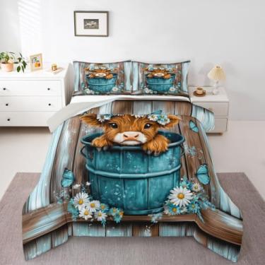 Imagem de jejeloiu Conjunto de edredom solteiro de vaca Highland, margarida, flores florais e borboleta, para crianças, meninos, meninas, gado das terras altas, colcha de madeira, decoração de quarto de fazenda