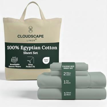 Imagem de Conjunto de lençóis Cloud Scape Linen de algodão egípcio de camada dupla California King – Tecido de cetim de fibra longa, conjunto de cama macio de qualidade hoteleira de 4 peças, bolsos profundos de