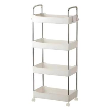 Imagem de Prateleira Multiuso 4 Andares com Rodinha, Branca, Plástico PP e Aço Inox, 89x22x40cm, Rodízios 360°