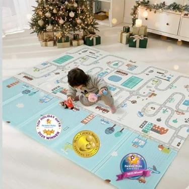 Imagem de Bammax Tapete acolchoado de espuma extra grande à prova d'água | Reversível e dobrável | Tapete de brinquedo de espuma de bebê seguro de 1 cm de espessura | 177,8 cm x 198 cm | Carros e carros de