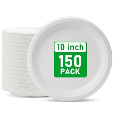 Imagem de RACETOP Pratos de papel compostáveis de 25,4 cm [pacote com 150], pratos de papel descartáveis biodegradáveis resistentes, feitos de fibras naturais de cana de açúcar, branco cru, redondo