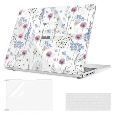 Imagem de YSCLBAHUK Capa para laptop Microsoft Surface 35.1 cm versão 2024 7ª edição, modelo: 2036 padrão criativo durável resistente a arranhões, com protetor de tela + capa de teclado, flores silvestres azuis